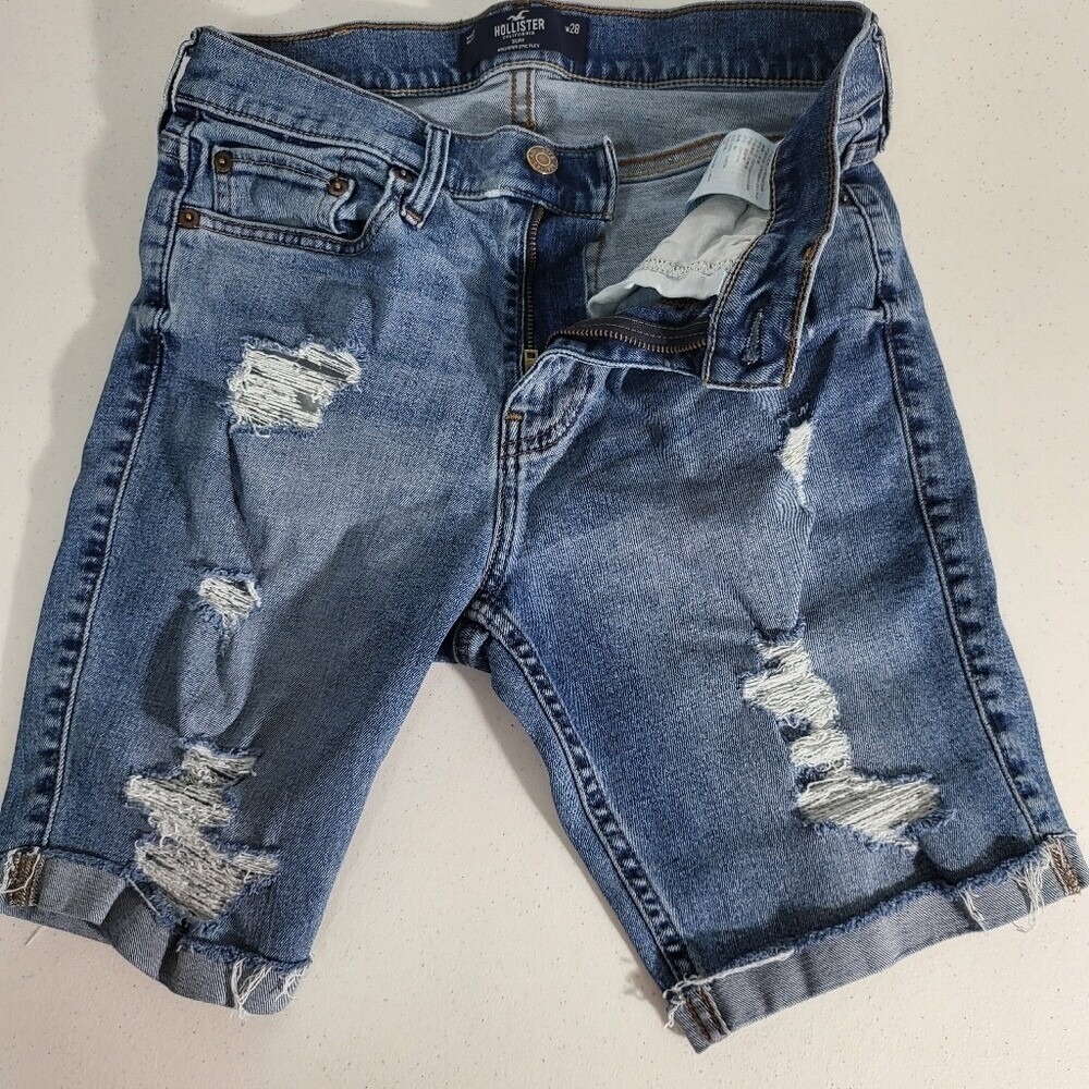Hollister Distressed Denim Shorts Ripped Cuffed Hem Blue Size 28